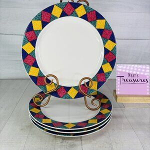 Signature HARLEQUIN Pink Purple Green Yellow Diamond Smooth Dinner Plate Set 4